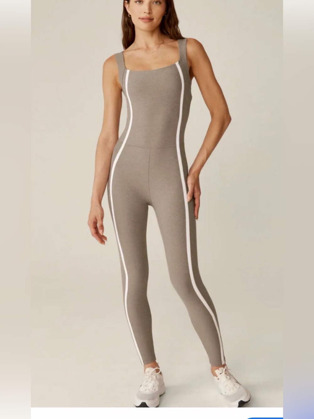 Beyond Yoga Taupe Jumpsuit with White Side Stripes